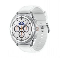 Witte Samsung Galaxy Watch8 Classic slimme horloge, ronde monitor en leren bandje.