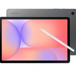 Samsung Galaxy Tab S10 Lite, grijs, 128 GB, WiFi; voorkant zichtbaar scherm in pasteltinten, inclusief witte styluspen.