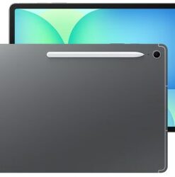 Grijze Samsung Galaxy Tab S10 FE+ WiFi-tablet, met een groot kleurrijk scherm aan de voorkant en een zilveren S Pen-stylus bevestigd aan de achterkant.