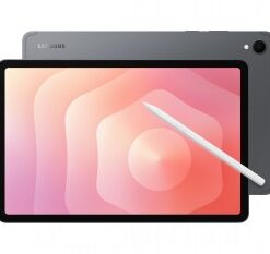 Grijze Samsung Galaxy Tab S11 WiFi-tablet, 256 GB, voor- en achterkant. Op het scherm een abstracte kleurrijke achtergrond. Witte stylus...