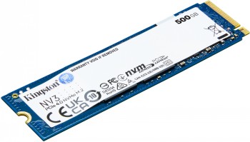 Kingston 500 GB NV3 M.2 PCIe 4.0 SSD - krachtige opslagoplossing Blauwe Kingston NV3 M.2 2280 PCIe 4.0 NVMe SSD, 500 GB, dunne rechthoekige harde schijf met een wit label.