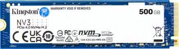 Kingston 500 GB NV3 M.2 PCIe 4.0 NVMe SSD-schijf met zichtbare technische markeringen. Blauw-witte Kingston 500 GB NV3 PCIe NVMe SSD-schijf, dunne M.2 2280-vormfactor met technische markeringen aan de voorkant.
