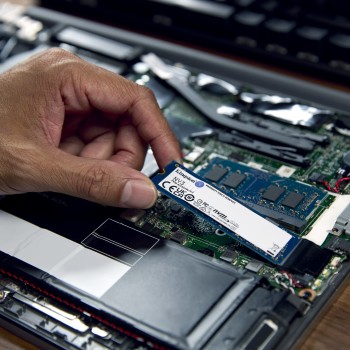Installatie van Kingston NV3 SSD - 500 GB M.2 2280 PCIe 4.0 NVMe Een persoon installeert een Kingston 500 GB NV3 M.2 2280 PCIe 4.0 NVMe SSD-schijf op het moederbord van een laptop.