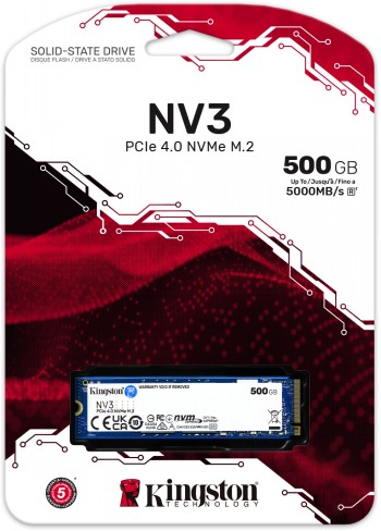Kingston 500 GB NV3 SSD - krachtige PCIe 4.0 NVMe M.2-schijf Kingston NV3 500 GB SSD, modern design, rood-witte verpakking, PCIe 4.0 NVMe M.2-aanduidingen en snelheidscapaciteit weergegeven.