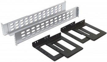 APC 19-inch montagemontageset voor Smart-UPS RT 19-inch zilveren en zwarte montagemontageschienen voor netwerkkast, frontaal afgebeeld.