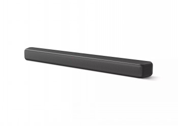Philips B5109 soundbar in het zwart voor stijlvolle thuisgeluidsweergave Zwarte, lange en platte Philips B5109 soundbar, geplaatst tegen een witte achtergrond.