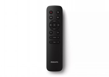 Philips B5109 Soundbar-afstandsbediening in het zwart Zwarte Philips-afstandsbediening met knoppen voor volume, stroom en andere instellingen, witte achtergrond.