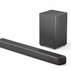 Zwarte Philips B5309 soundbar en bijbehorende subwoofer op een witte achtergrond.