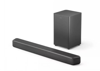 Philips B5309 soundbar en subwoofer voor een perfecte geluidsweergave Zwarte Philips B5309 soundbar en bijbehorende subwoofer op een witte achtergrond.