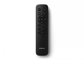 Philips B5309 Soundbar afstandsbediening, modern en stijlvol ontwerp Zwarte Philips-afstandsbediening met meerdere knoppen en zachte, gebogen randen, witte achtergrond.