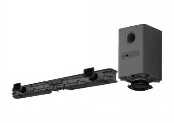 PHILIPS B5309 soundbar in het zwart en compatibele subwoofer. PHILIPS B5309 soundbar en subwoofer, zwarte kleur, onderkant en aansluitingen zichtbaar tegen een witte achtergrond.
