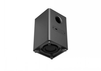 Philips B5309 soundbar-subwoofer, modern en compact ontwerp Zwarte Philips B5309 soundbar-subwoofer met een afgeronde rechthoekige vorm en vier poten, gefotografeerd vanuit een lage hoek.