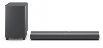 Philips B6100 soundbar en subwoofer met elegant design Zwarte Philips B6100 soundbar en aparte subwoofer tegen een witte achtergrond.