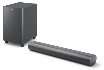 Philips B6100 soundbar en subwoofer, stijlvolle zwarte afwerking Philips B6100 soundbar en subwoofer in zwart, minimalistisch design en compacte grootte.