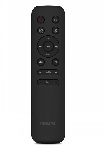 Minimalistisch ontworpen afstandsbediening voor de Philips B6100 soundbar Zwarte afstandsbediening van de Philips B6100 soundbar met knoppen voor volume-, frequentie- en bronbeheer.