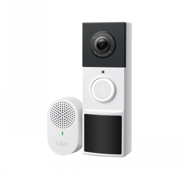 TP-Link Tapo D210 slimme videodeurbelcamera Zwart-witte TP-Link Tapo D210 videodeurbelcamera, ronde lens en een knop aan de voorkant.
