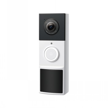TP-LINK Tapo D210 slimme deurbelcamera, zwart-wit stijlvol ontwerp TP-LINK Tapo D210 slimme deurbel, zwart-wit ruitvormig ontwerp, camera en knop aan de voorkant.