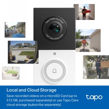 TP-Link Tapo D210 slimme deurbelcamera, hoogwaardige videobeelden TP-Link Tapo D210 slimme deurbelcamera in close-up, zwart-wit ontwerp en groothoeklens.