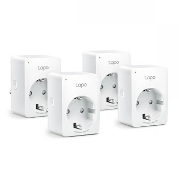 Een set van vier witte TP-Link Tapo P100 Mini slimme stekkers, minimalistisch ontwerp.