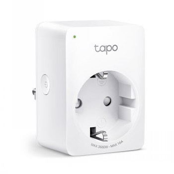 Witte TP-Link Tapo P110 mini slimme stekker, een compact rechthoekig apparaat, gefotografeerd van voren.