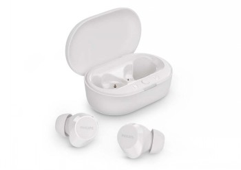 Philips T1209 TWS-oordopjes in witte oplaadcase Witte Philips T1209 TWS-oordopjes en oplaadcase op een witte achtergrond.