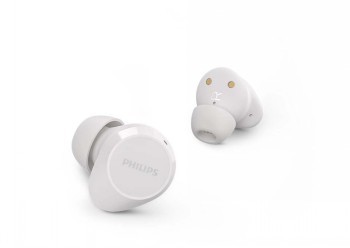 Philips T1209 TWS-oordopjes, wit model Twee witte Philips T1209 TWS-oordopjes van dichtbij, minimalistisch design.