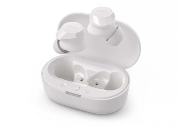 Philips T1209 TWS-hoofdtelefoon in wit in een geopende case Witte Philips T1209 TWS-hoofdtelefoonset in een geopende oplaadcase, twee oordopjes in de kijker.