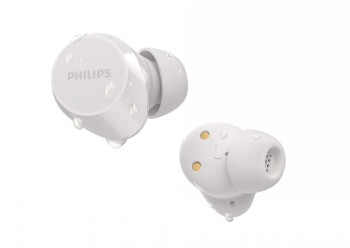 Philips T1209 witte TWS-oordopjes met waterbestendig design. Twee witte Philips T1209 TWS-oordopjes met waterdruppels, witte achtergrond.