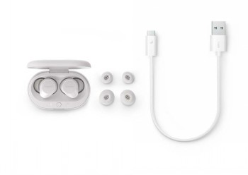 Philips T1209 TWS-draadloze oordopjes met oplaadcase, wit Witte Philips T1209 TWS-oordopjes in de oplaadcase, inclusief siliconen oordopjes en USB-C-kabel.