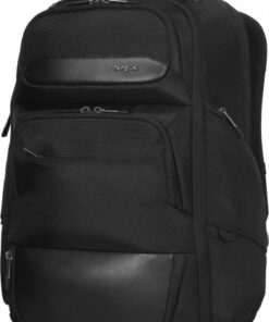 Targus Heritage Luxe 16" rugzak, zwart, ruim en stijlvol Zwarte Targus Heritage Luxe-rugzak, 16 inch, meerdere vakken met rits, vooraan afgebeeld.