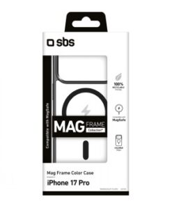 Zwarte SBS Mag Frame-hoes voor iPhone 17 Pro, getoond in de verpakking. Geschikt voor gebruik met de MagSafe-functie en 100% gerecyc...