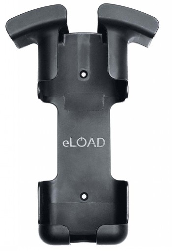 Wandhouder van zwart plastic voor de Eload-lader, met een logo in het midden.
