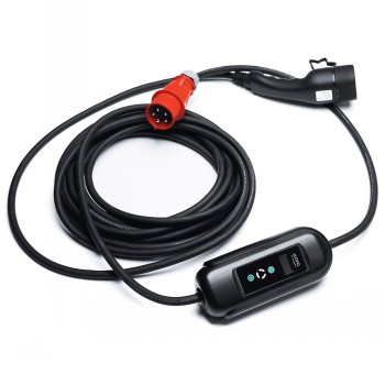 Zwarte Eload-oplader 3x16A, lange kabel van 10 meter met rode en zwarte stekkers op een witte achtergrond.