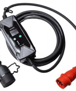 Zwarte Eload-oplaadapparaat met lange kabel en rode stekker. Afstandsbedieningknoppen en helder LED-scherm bovenop het apparaat.