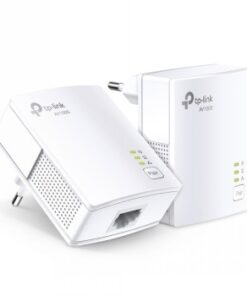 Twee witte TP-Link Powerline-adapters met LED-lichtjes en ethernetpoort, zijdelings gefotografeerd.
