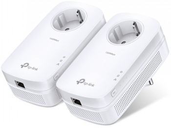 Twee witte TP-Link TL-PA8010P AV1300 netwerkadapters met doorvoerstekstop en ethernetpoort.
