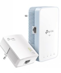 Twee wit en blauwige TP-Link powerline-adapters. LED-lampjes en netwerkverbinding zichtbaar.