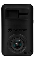 Compacte zwarte dashcam met zichtbare lens en Transcend-logo.