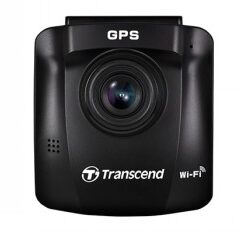 Transcend DrivePro 250 dashboardcamera met Wi-Fi en GPS-ondersteuning Transcend DrivePro 250 dashboardcamera in zwart van voren gezien, met de lens benadrukt.