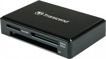 Zwarte rechthoekige Transcend-geheugenkaartenlezer met zichtbare SD-, microSD- en CF-kaartsleuven.