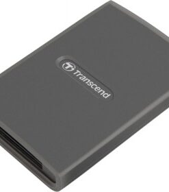 Harmaa, suorakaiteen muotoinen Transcend-kortinlukija, CFexpress Type B -yhteensopiva, USB-portti näkyy etureunassa.
