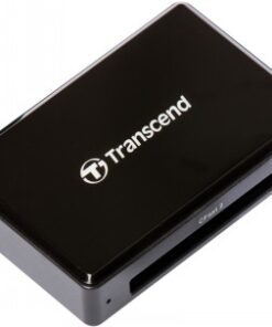 Musta, suorakulmainen Transcend CFast-kortinlukija USB 3.1 -liitännällä, jossa valkoinen logo ja korttipaikka etureunassa.