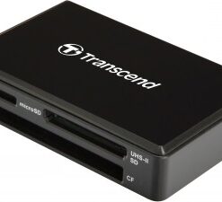 Zwarte Transcend USB 3.1-geheugenkaartlezer met sleuven voor SD-, microSD- en CF-kaarten.