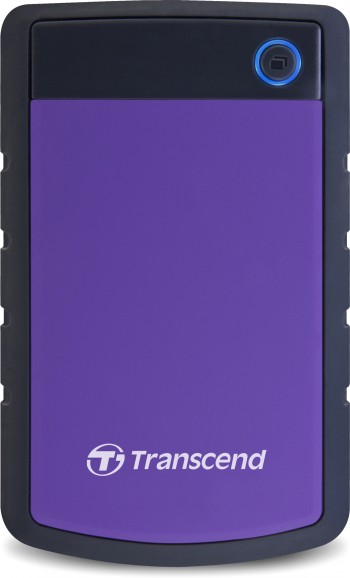 Paarse en zwarte Transcend 1 TB externe harde schijf, 2,5 inch, USB 3.1, duurzaam ontwerp.