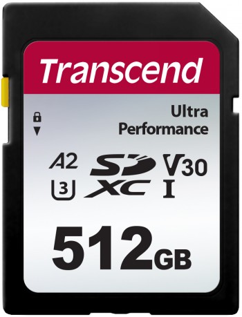 Mustan muovikuoren ympäröimä SD-kortti, jossa Transcend-logo ja valkoisella pohjalla tekniset tiedot, kuten 512 GB ja A2, ...