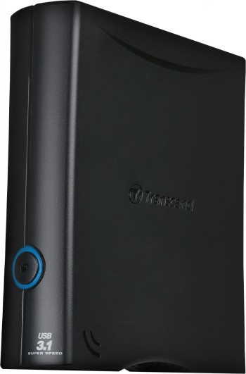 Zwarte Transcend 8 TB externe harde schijf, rechtop geplaatst, met USB 3.1-aansluiting.
