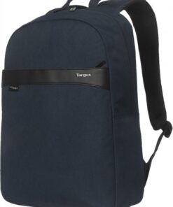 Targus Geolite EcoSmart 16" Essentials-rugzak, ergonomisch en stijlvol Blauwe Targus Geolite EcoSmart 16-inch rugzak, zwarte accentdetail en ergonomische schouderriemen, zijprofiel.