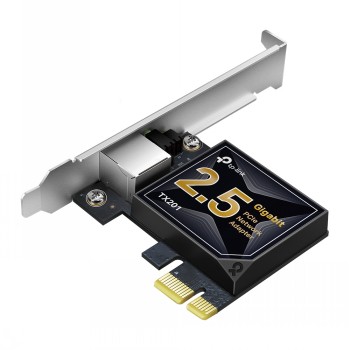 Zwart-witte TP-Link PCIe-netwerkkaart met 2,5 Gbps snelheid, zilveren achterplaat.