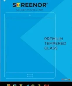 Blauwe voorkant van de verpakking met het merk Screenor, de omtrek van een tablet en de tekst Premium Tempered Glass.