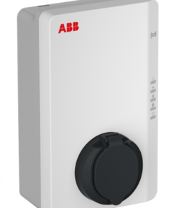 Wit en rechthoekig ABB Terra AC laadstation voor elektrische auto's, zwart laadpoort aan de voorkant.
